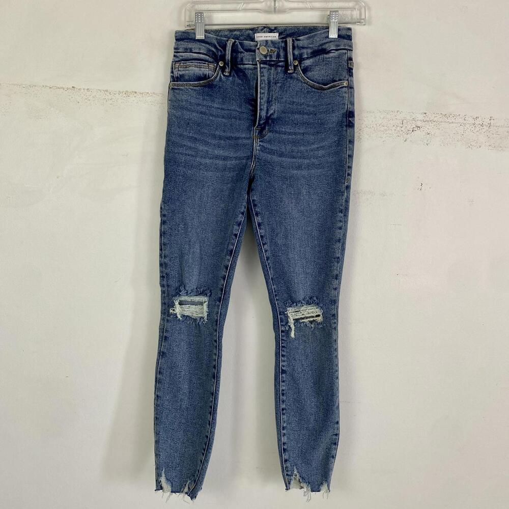 GOOD AMERICAN high rise busted knee skinny jeans sz 2